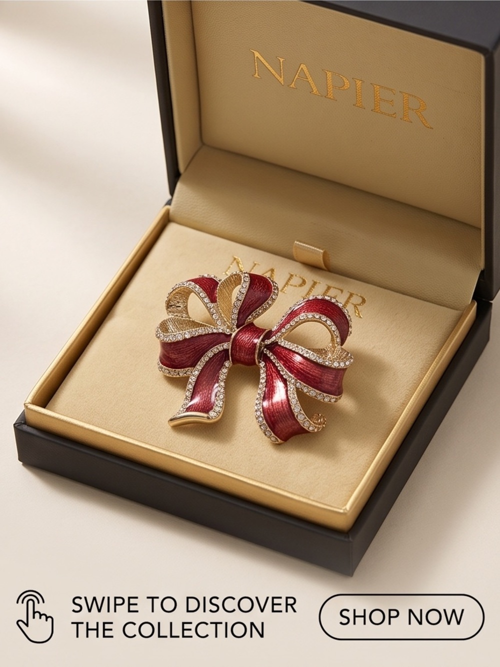 Napier Burgundy Enamel Bow Brooch with Crystal Trim